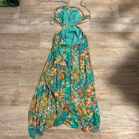 Shein Plunging Neck Crisscross Tie Back Split Tropical Print Maxi Dress - Medium - Picture 5 of 5